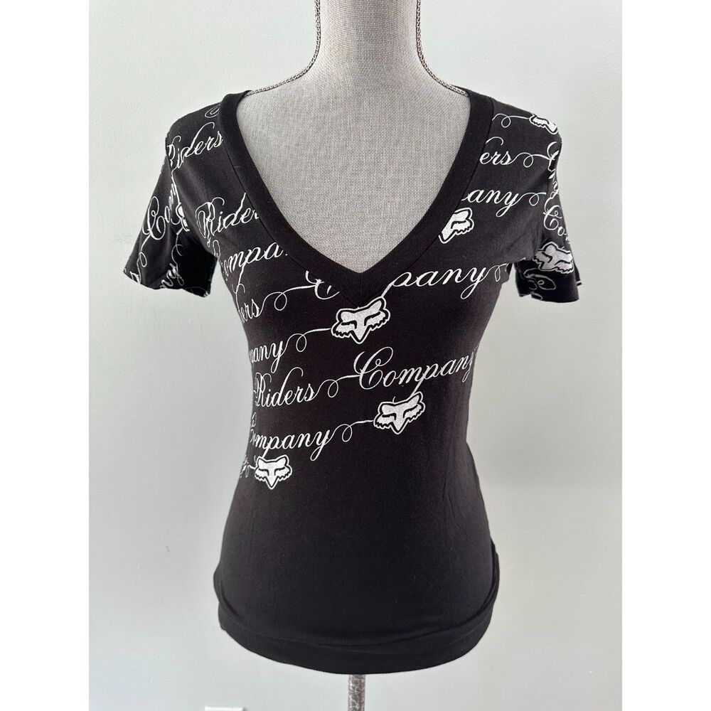 Vintage Y2K Fox Racing Riders Company Shirt Black V-Neck Graphic Tee Mcbling Med